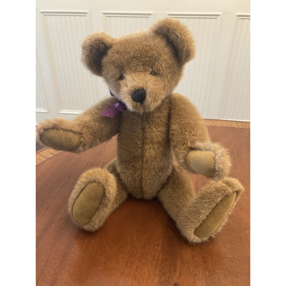 Vintage Boyds Bear plush with jointed arms and legs and a purple ribbon Brown EC